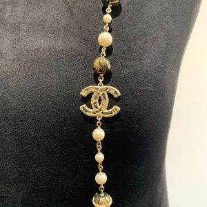 CHANEL, Jewelry, Chanel Gold Cc Glazed Black Lace Pearl Long Necklace  Double Strand Logo Classic